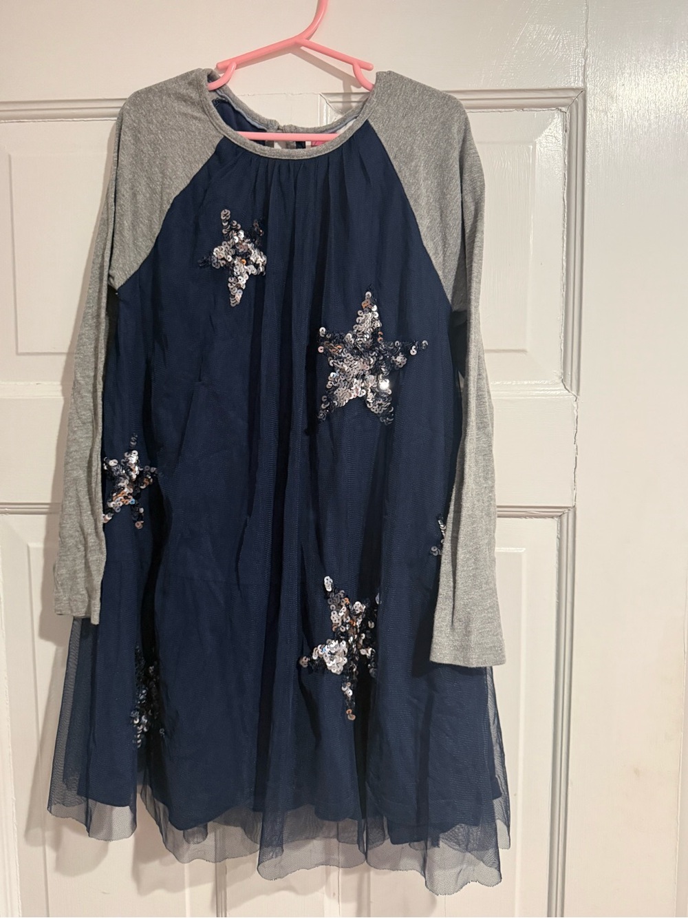 Mini Boden Navy Mesh Dress with Gray Raglan Sleeves and Sequin Stars Size 7/8